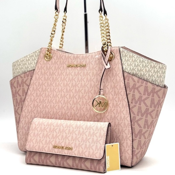 Michael Kors Large Jet Set Travel Shoulder Bag & Trifold Wallet Light Pink Multi - Picture 1 of 13